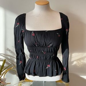 Reformation Black Long Sleeve Cherry Print Top